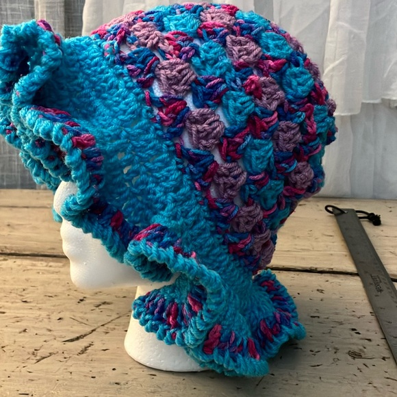 Hand crocheted bucket hat. Blue lavender & pink as shown in pictures. Never used - Picture 1 of 4